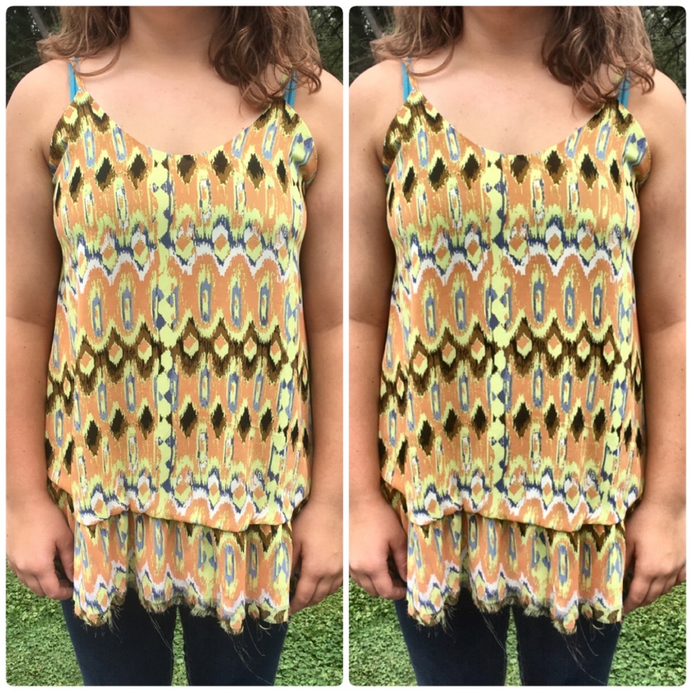 - Yellow Ikat Distressed Chiffon Tank SZ M! NEW!